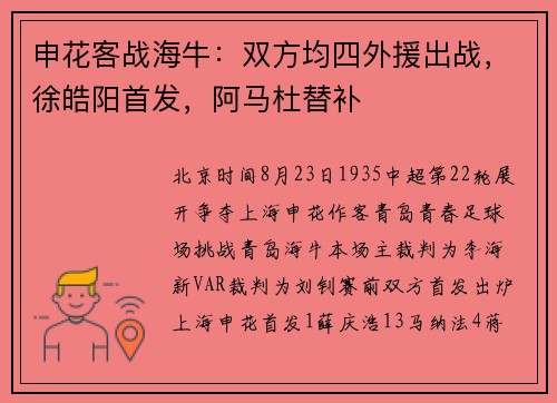 申花客战海牛：双方均四外援出战，徐皓阳首发，阿马杜替补