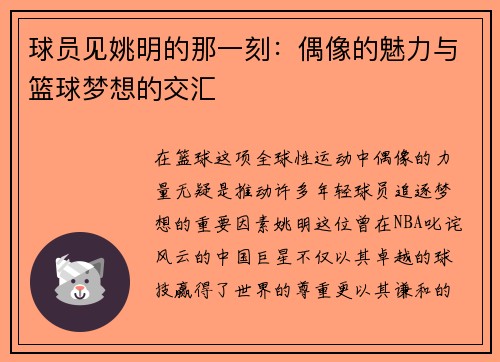 球员见姚明的那一刻：偶像的魅力与篮球梦想的交汇